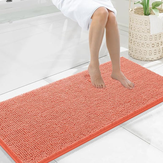 Smiry Luxury Chenille Bathroom Rugs 47x20, Extra Soft and Absorbent Shaggy Bath Mat, Machine Washable, Non-Slip Plush Carpet Runner for Tub, Shower, and Floor, Home Decor Accessories, Coral