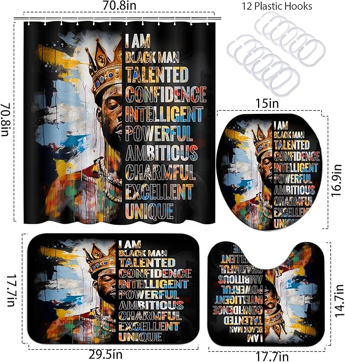 4Pcs Black King Bathroom Shower Curtain Sets, Colorful Inspirational Quote Shower Curtains with Rugs Toilet Lid Cover Bath Mat, Cool Unique Black Man Bathroom Decor Accessories Set