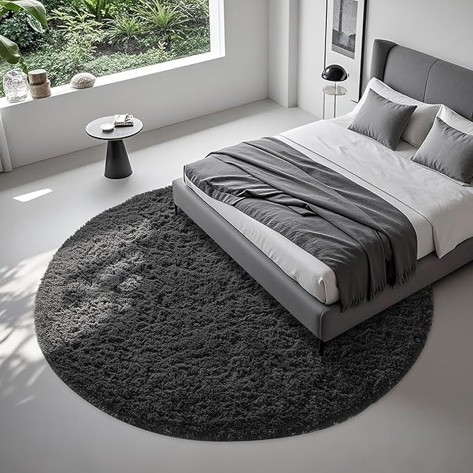 Ophanie Round Rug 8Ft Black Circle Area Rug, Room Decor for Men, Fluffy Fuzzy Bedroom Carpet, Plush Soft Shaggy Living Room Rugs for Kids Home Decor Aesthetic, Nursery