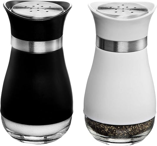 MITBAK Salt and Pepper Shakers (2-Pc. Set) Elegant w/Clear Glass Bottom | Compact Cooking, Kitchen and Dining Room Use | Classic, Refillable Design (BK/White)