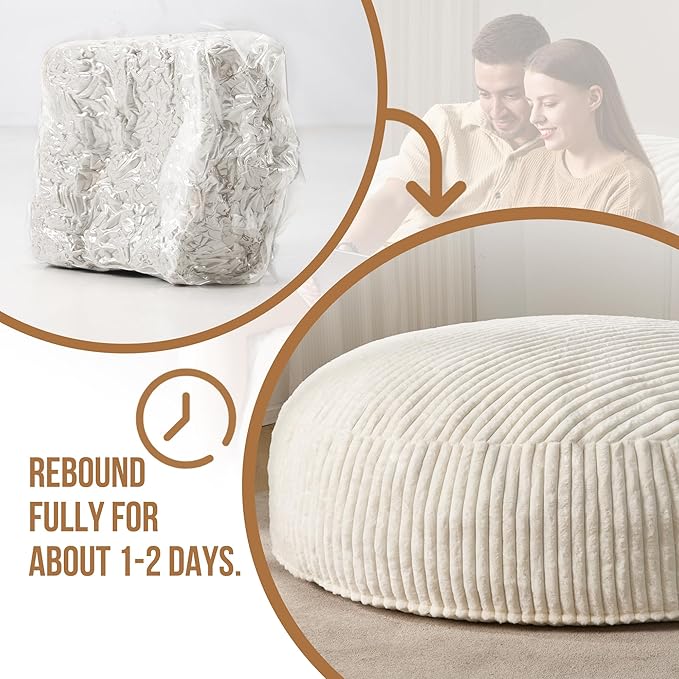 Hobestluk 6ft Bean Bag Chairs for Adults Large Beanbag Chair with Stripe Plush Cover Big Bean Bag Chair for Living Room Bedroom Dorm Office - White (70" x 70" x 15")