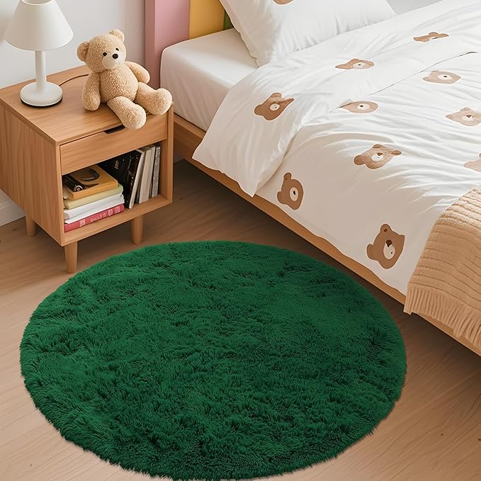 OLANLY Dark Green Round Rugs for Bedroom - Machine Washable, 3 ft Circle Area Rugs for Living Room, Soft and Fluffy Shaggy Carpet for Teen Girls and Boys, Nursery Rooms, Dorms, Home Decor Aesthetic