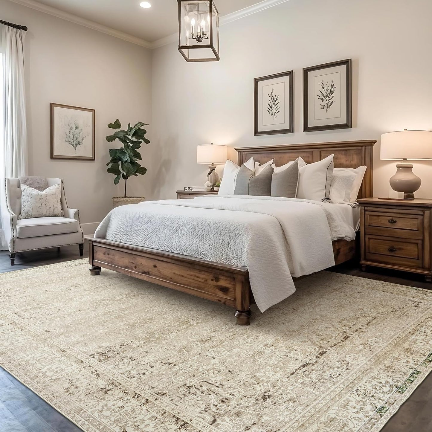 Boho Cream Area Rugs 6x9 for Bedroom Washable Floral Neutral Modern Rug for Living Room,Light Beige and Tan Brown