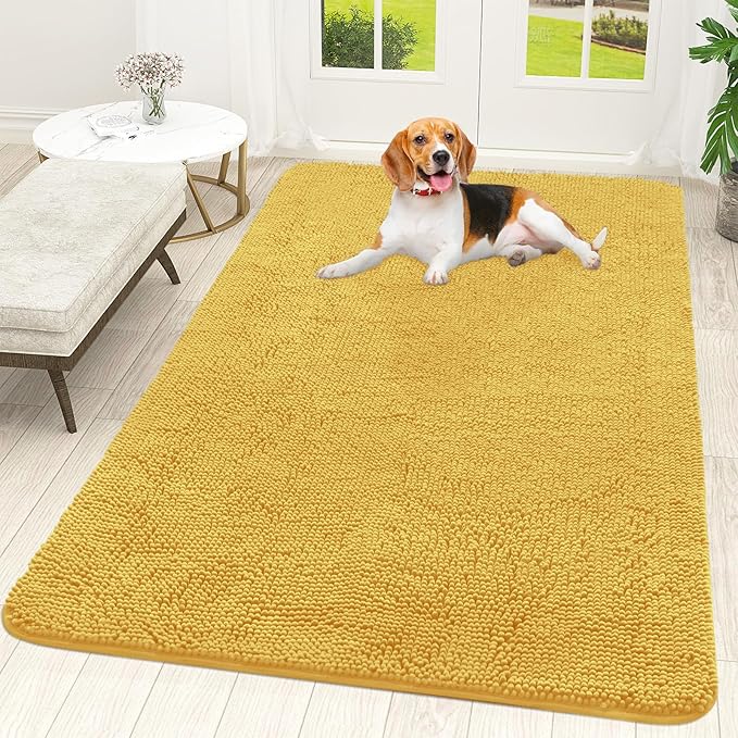OLANLY Dog Door Mat for Muddy Paws 59x35, Absorbs Moisture and Dirt, Absorbent Non-Slip Washable Doormat, Quick Dry Chenille Mud Mat for Dogs, Entry Indoor Entryway Carpet for Inside Floor, Yellow