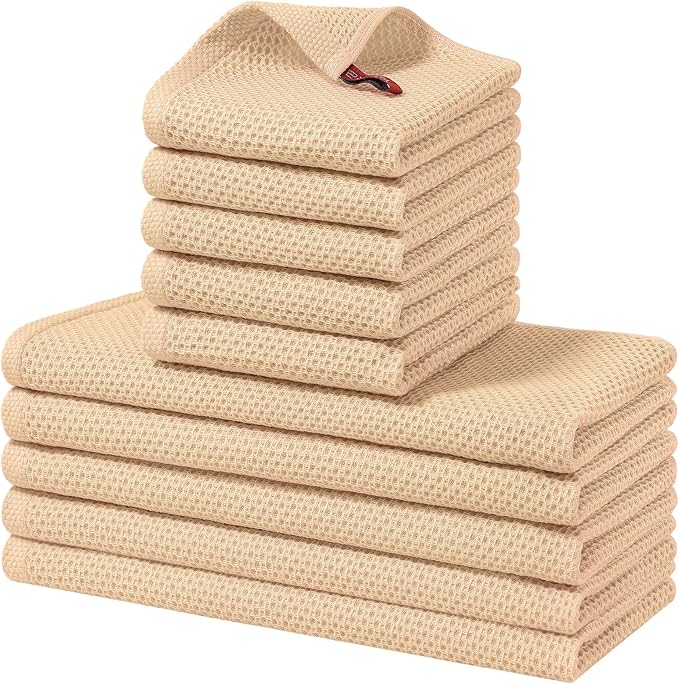 Homaxy 100% Cotton Kitchen Towels and Dishcloths Set, 12 x 12 Inches and 13 x 28 Inches, Set of 10 Bulk Kitchen Towels Set, Ultra Soft Absorbent Dish Cloths for Washing Dishes, Apricot