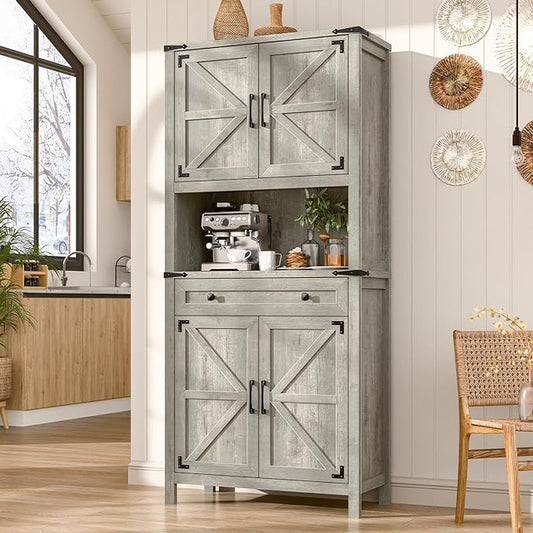 72" H Tall Farmhouse Storage Cabinet with Drawer, 6 Tier Kitchen Pantry Organize with 4 Barn Door and Adjustable Shelf, Microwave Stand for Kitchen, Garage, Living, Utility Room, Grey