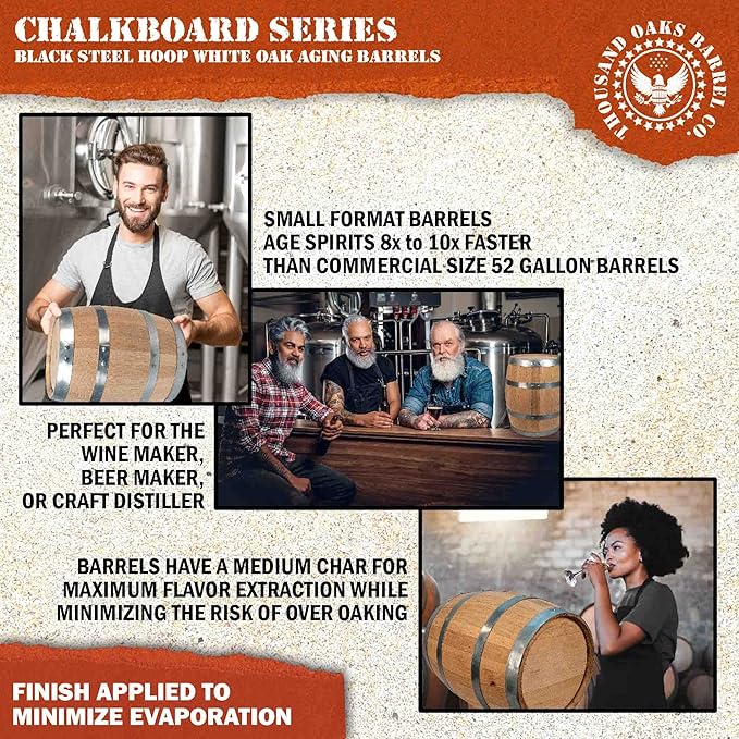 1 Gallon Oak Aging Barrel Dispenser (5 Liter) with Chalkboard Front, Wood Stand, Bung & Spigot - Charred Mini Bourbon Whiskey Barrels For The Home Brewer, Distiller, Wine Maker, Cocktail Aging