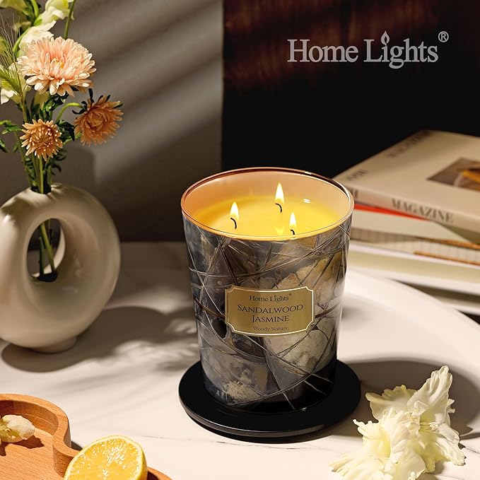 HomeLights Soy Wax Candles for Home Scented, 3-Wick Candles in Sandalwood Jasmine Scented, Industrial Chic Aromatherapy Candles Gift for Parties, Relaxing, 34oz