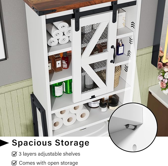 Over The Toilet Storage Cabinet, Above Toilet Storage Cabinet with Adjustable Shelves and Barn Door, Farmhouse Behind Toilet Bathroom Organizer for Bathroom, Laundry Room, Off-White