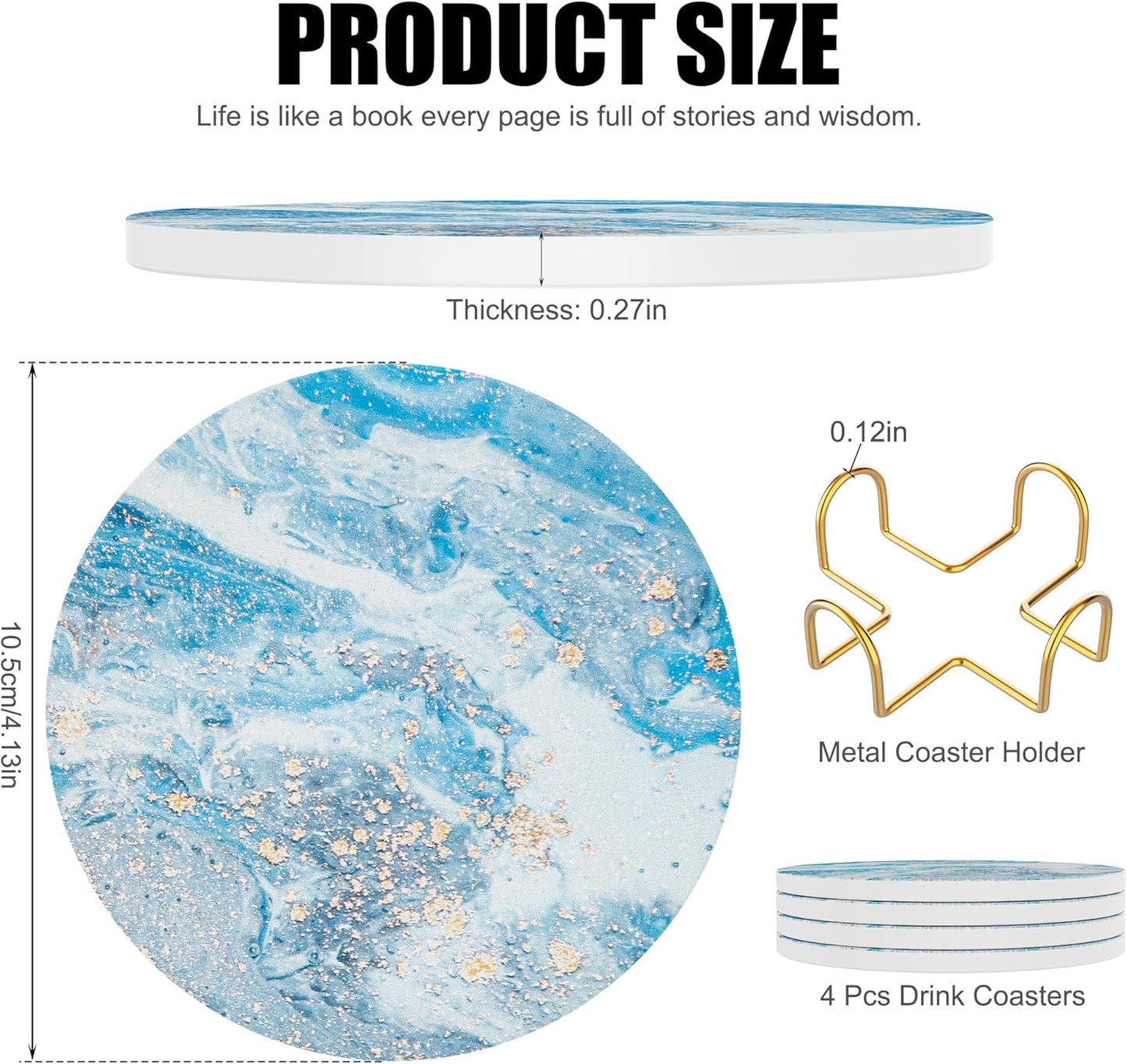 Coasters for Drinks Set of 4, Absorbent Mountainous Region Marble Style with Metal Golden Holder, Ceramic Coaster Set Cup Mat for Home Decor, Bar, Kitchen, Party