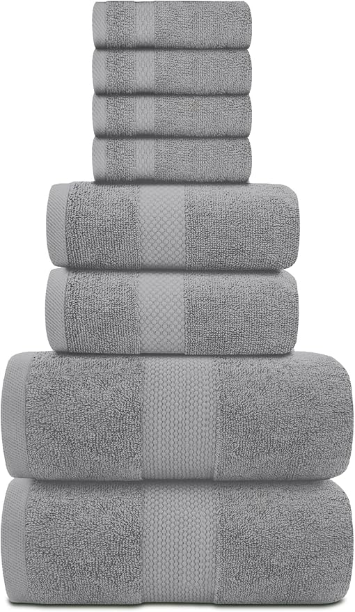 White Classic Luxury Bath Towel Set of 8 Pieces - 100% Turkish Cotton Highly Absorbent Towels for Bathroom, 2 Luxury Bath Towels 700GSM, 2 Hand Towels, 4 Washcloths, Light Gray