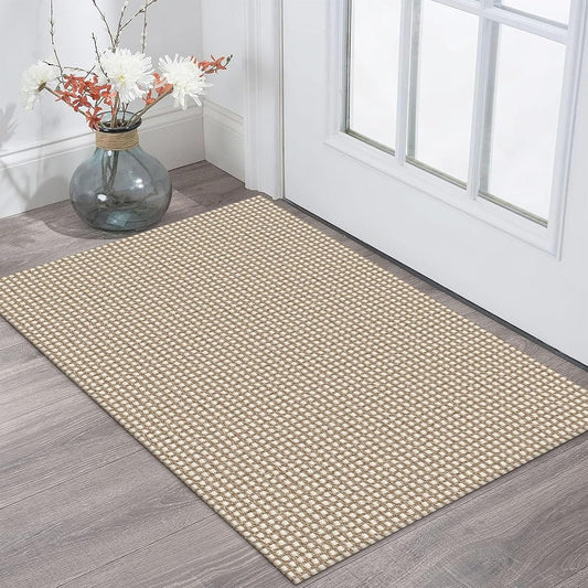 KOZYFLY Indoor Door Mat 2x3 ft Small Area Rugs Washable Front Door Mat Non Slip Rubber Backed Entryway Rug Cotton Entrance Doormat for Front Porch Bathroom Kitchen Bedroom, Ivory/Khaki