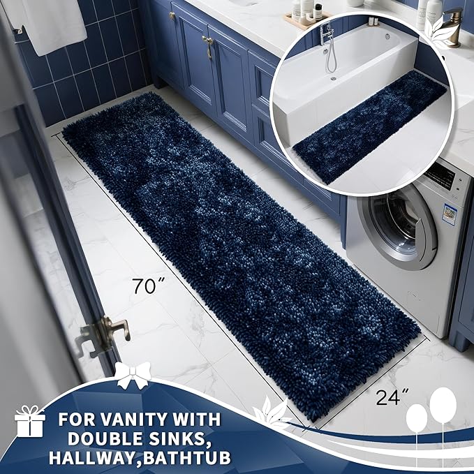 Yimobra Long Bathroom Rugs Runner 70x24 Inch, Extra Thick Soft Absorbent Chenille Bath Mat, Non Slip Machine Washable, Quick Dry Bath Rugs for Bathroom Floor, Tub and Shower, Navy Blue