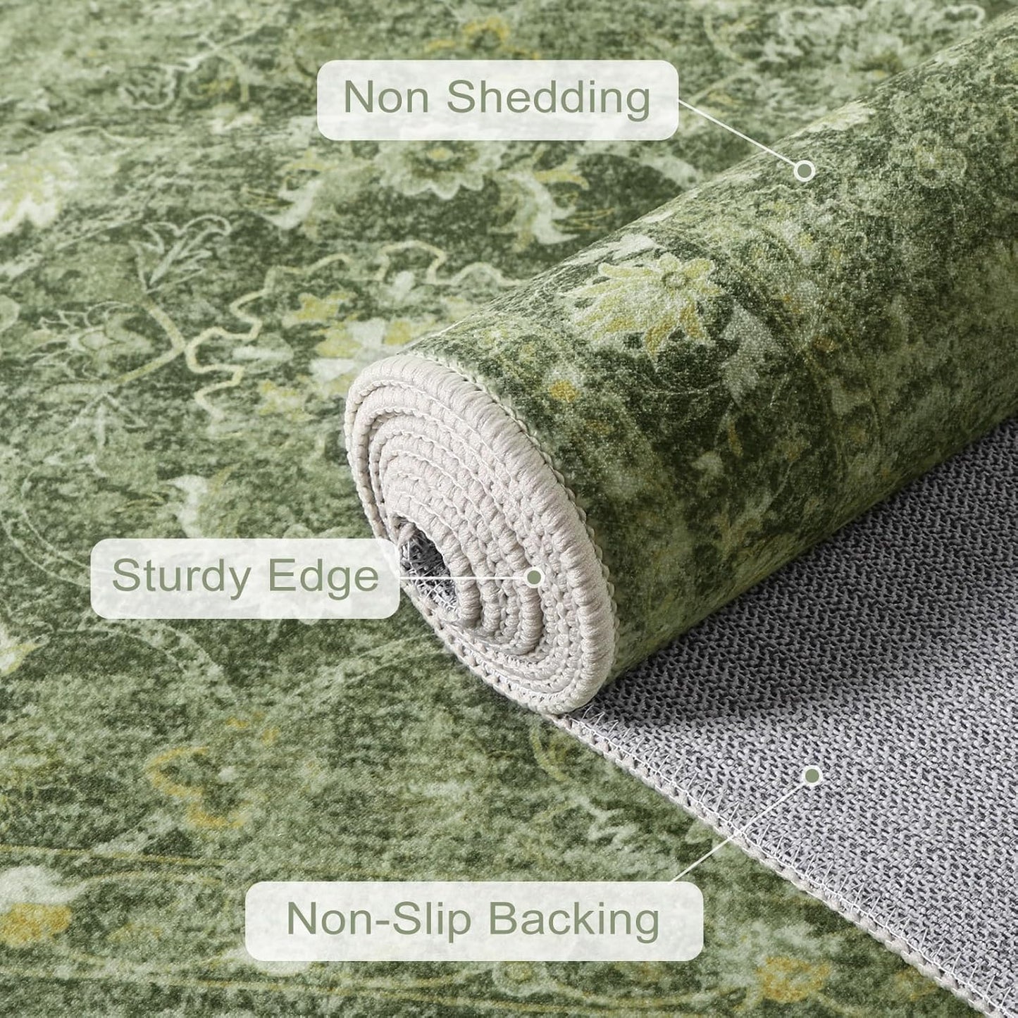 Boho 5x7 Green Rugs for Bedroom, Non Slip Washable Living Room Area Rug, Soft Low Pile Emerald Carpet for Dining Guest Room Office Playroom Nursery (5'x7', Dark Green)