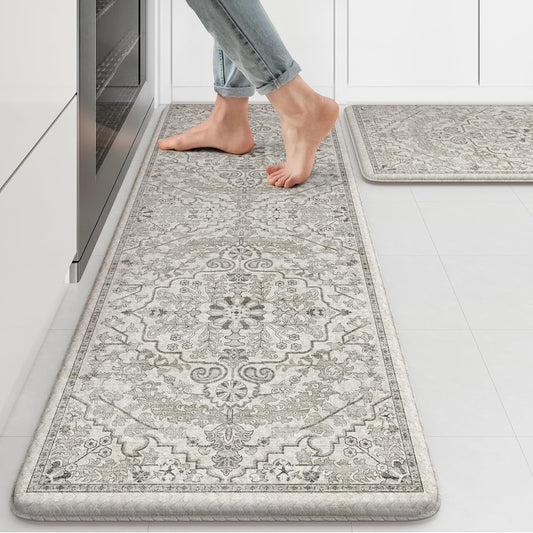 KIMODE Kitchen Mats Cushioned Anti Fatigue, Boho Vintage Grey Kitchen Rugs Sets of 2, Non-Slip Kitchen Mats for Floor, Padded Kitchen Floor Mat for Sink, Laundry, Office, Desk,17"x47"+17"x29"
