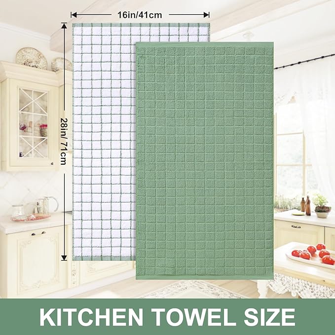 Homaxy Premium Cotton Kitchen Towels 16"x 28", Large Natural Ring Spun 390 GSM Dish Towels, Super Absorbent Terry Kitchen Hand Towels, Soft Tea Towel with Hanging Loop, Grass Green Check, 8 Pack