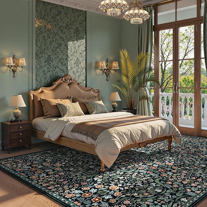 Lahome Floral 9x12 Black Rug for Living Room, Boho Thin Stain Resistant Dining Room Rugs for Under Table, Soft Carpet with Rubber Backing for Guestroom