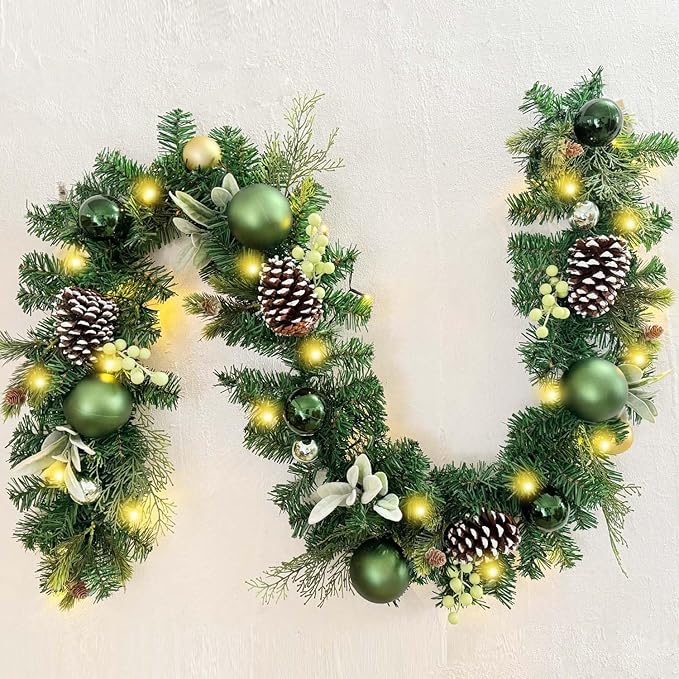 WANNA-CUL Pre-Lit 6 ft/ 72 Inch Christmas Garland with Lights Decoration for Mantle with Green Gold Christmas Ball Ornaments,Battery Operated 30 LED Lights