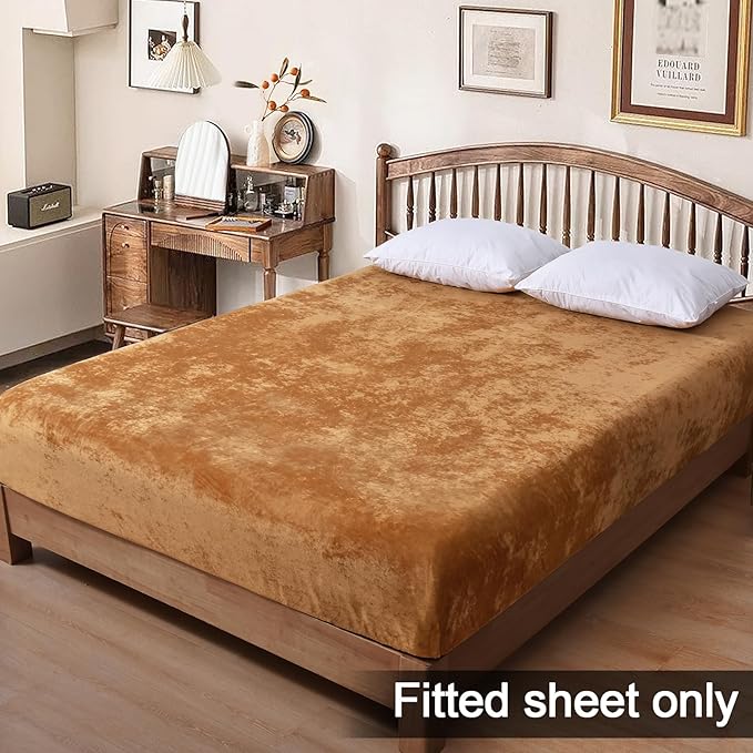 PHF Truly Velvet Fitted Sheet Only Twin Size, Luxury Super Soft Cozy Fuzzy Fleece Bottom Sheet, Deep Pocket Up to 16",Strenghth Elastic Band, Suitable for Fall Winter Spring,No Pillowcases,Brown Sugar