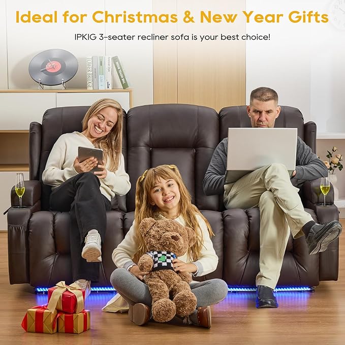 IPKIG 76" Power Reclining Sofa, Electric Home Theater Seating with Flipped Middle Backrest/LED Lighting/USB Ports/Built-in Outlets, Dual Recliner Sofa 3 Seater for Living Room RV (Brown)