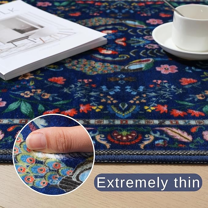 3x5 Rug Washable Area Rug Floral Office Rug Non Slip Small Carpet for Bedroom, Bedside, Kitchen, Entryway, Kids Room, Office(Blue)