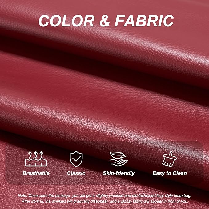 Hobestluk Giant Bean Bag Chair Lazy Floor Sofa, Memory Foam Fireside Sofa for Adults, Big Beanbag Faux Leather Armless Chair for Living Room Bedroom Dorm Office (WineRed, Single)