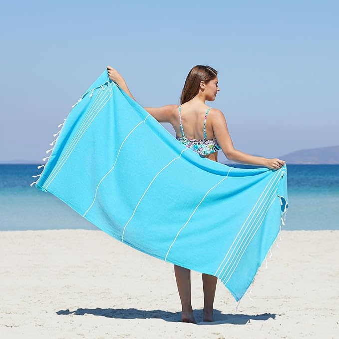WETCAT Turkish Beach Towel Oversized (38"x71") 100% Turkish Cotton, Made in Turkey - Sand Free, Extra Large, Ultra Soft, Quick Drying, Compact & Lightweight for Travel - Ocea Blue
