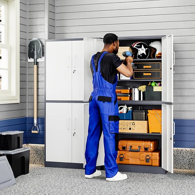 Yizosh Metal Storage Locking Cabinet with 4 Doors and 2 Adjustable Shelves,71" Lockable Garage Tall Steel Cabinet,for Home Office,Living Room,Pantry,Gym,Commercial Storage (Gray White)