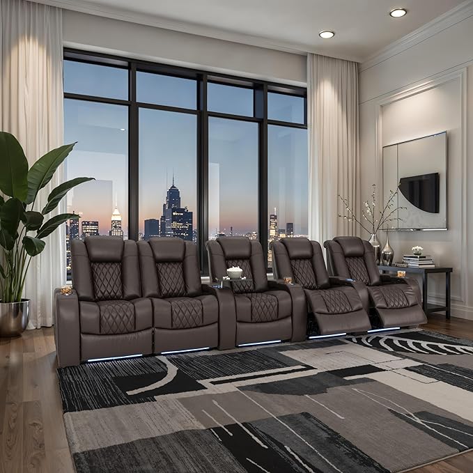 Seatcraft Diamante Zero-Gravity CoolZero Italian Leather Home Theater Seating, Power Headrest, Power Recline, Row of 5 Left Loveseat, Brown