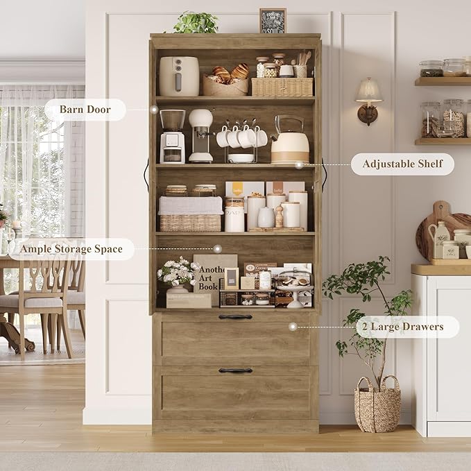 HOSTACK 70" Tall Kitchen Pantry Storage, Barn Doors Pantry Cabinet with Drawers and Adjustable Shelf, Modern Farmhouse Storage Cabinet for Kitchen, Dining Room, Living Room, Bathroom, Rustic Brown