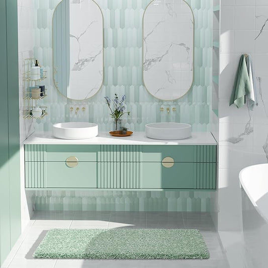 Yimobra Luxury Bathroom Rugs, Fluffy Bath Mats, Non Slip, Water Absorbent Microfiber, Machine Washable, Plush Runner Shower Rugs, Thick Matts for Bathroom Floor&Tub, 47"x 24", Light Green and White