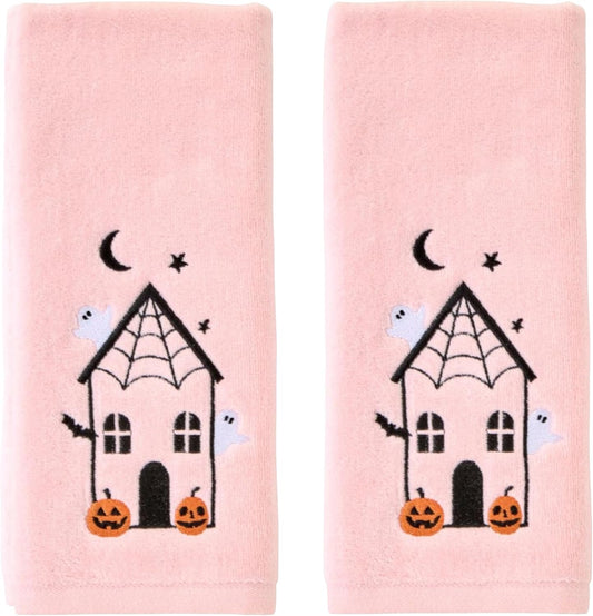 SKL Home Halloween Haunted House 100% Cotton Embroidered 2pc Hand Towel Set, Decorative for Bath/Kitchen/Bar & Gift, Pink