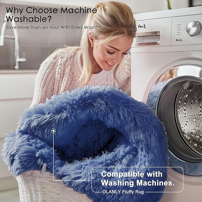 OLANLY Navy Blue Round Rugs for Bedroom - Machine Washable, 9 ft Circle Area Rugs for Living Room, Soft and Fluffy Shaggy Carpet for Teen Girls and Boys, Nursery Rooms, Dorms, Home Decor Aesthetic