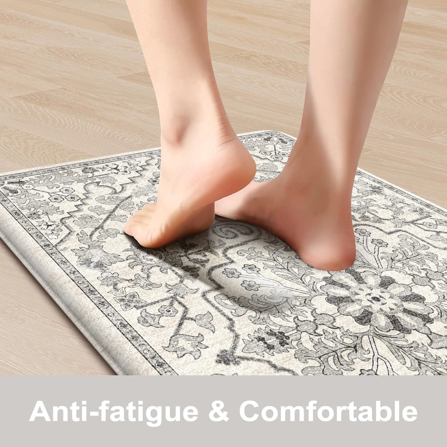 KIMODE Anti Fatigue Kitchen Mats, 2 PCS Cushioned Kitchen Rugs and Mats, Boho Kitchen Floor Mats Non Slip, Comfort Foam Standing Mat for Laundry, Office, Sink, Grey 17.3" x 59"+17.3" x 29"