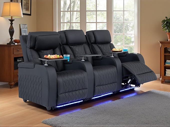 Home Theater Seating Top Grain Leather, Movie Theater Chairs Theater Recliner Sofa with Dual Power Ergonomic Design 7 Colors Ambient Lighting Tray Table Type-C USB Charge (Black, Row of 3)