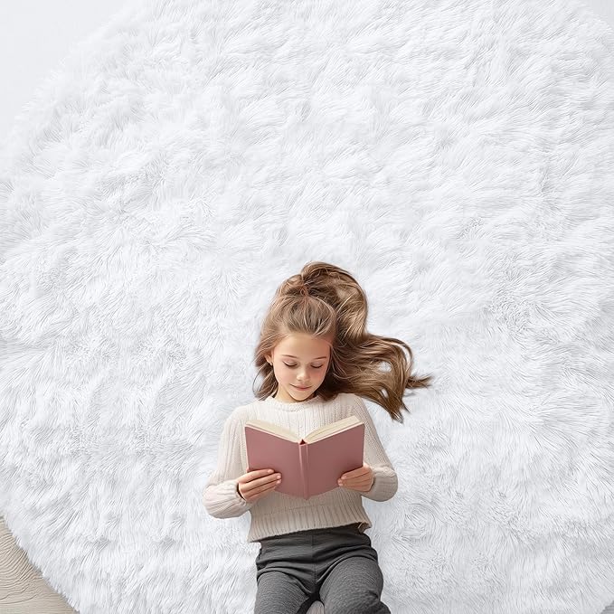 OLANLY White Round Rugs for Bedroom - Machine Washable, 8 ft Circle Area Rugs for Living Room, Soft and Fluffy Shaggy Carpet for Teen Girls and Boys, Nursery Rooms, Dorms, Home Decor Aesthetic