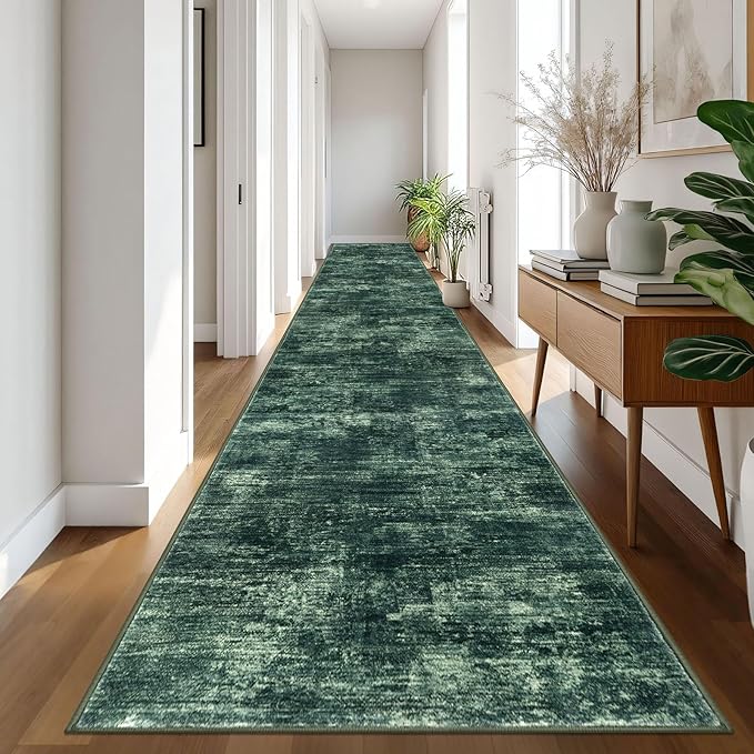 IOHOUZE Abstract Runner Rug 3x20 Ft Extra Long Washable Runners for Hallways, Non Slip Kitchen Runner Printed Faux Wool Entryway Runner Indoor, Modern Abstract Floor Carpet for Hall Stair, Dark Green
