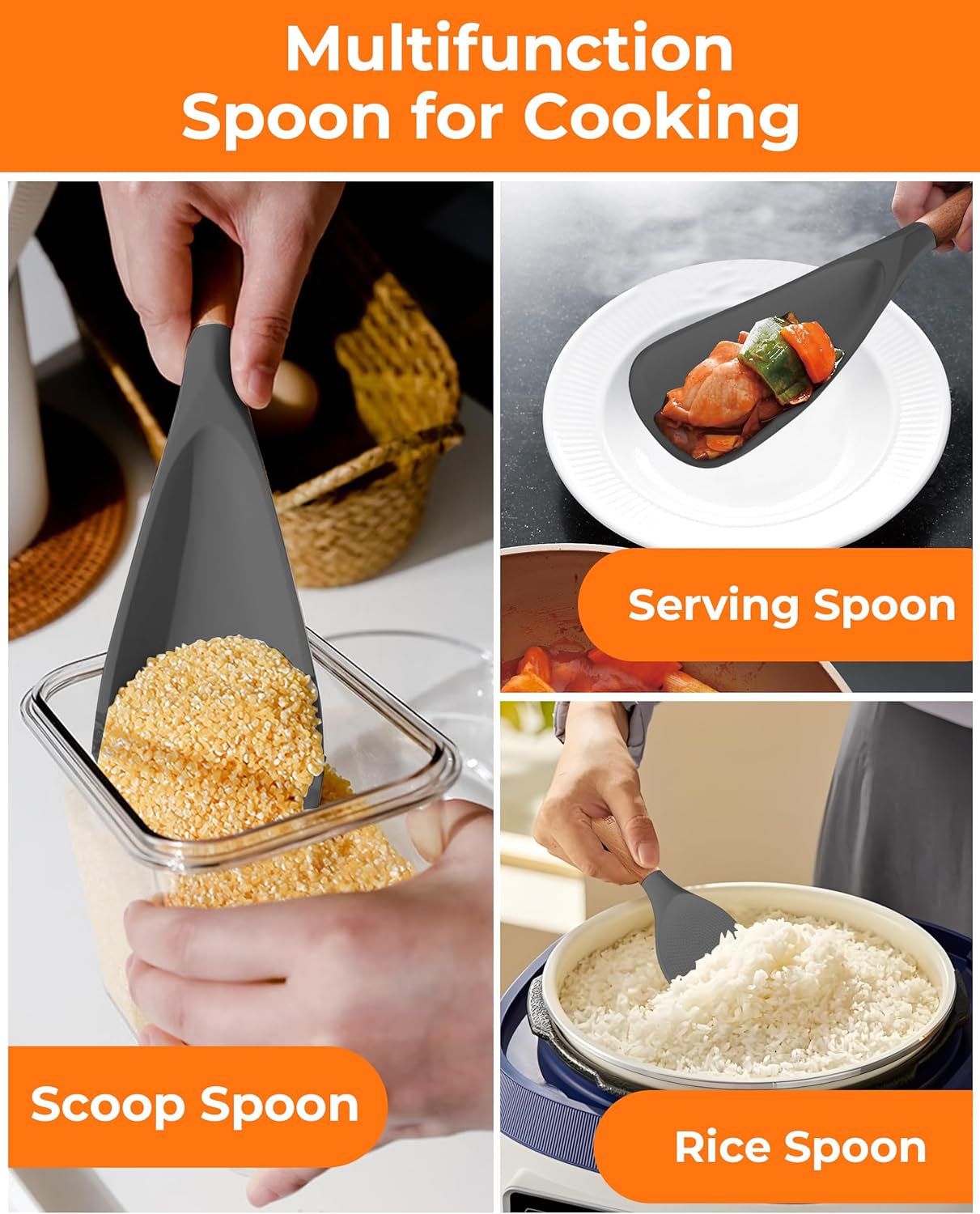 Multifunction Silicone Spatula Spoon 2-Pack Dual-Use-Heat-Resistant 446°F BPA-Free Non-Toxic Cooking for Non-Stick Cookware,Rice Cookers,Wooden Handle Scoop/Serve Meal/Rice Spoon Set (Gray)