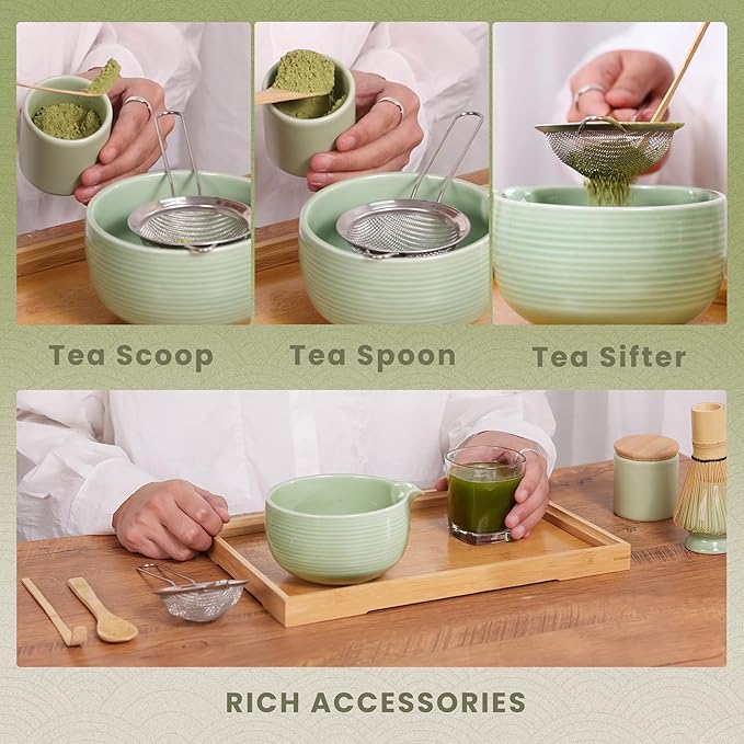 Matcha Set Matcha Bowl with Spout,Matcha Whisk and Matcha Whisk Holder,Bamboo Matcha Spoon and Scoop Handmade with Matcha Sifter for Matcha Maker Green, Normal, ZYMC6Pcs01-Green