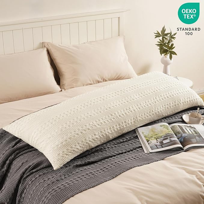 PHF 100% Cotton Waffle Body Pillowcase with Zipper, 1 Pack 20" x 54" Soft Skin-Friendly Pillow Sham, No Filling, Aesthetic Woven and Breathable Waffle Weave Body Pillow Cover for Bed, Ivory