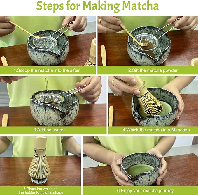 Matcha Whisk Set,6Pcs Matcha Kit Includes Matcha Whisk and Holder,Matcha Bowl with Spout,Matcha Sifter and 2Pcs Matcha Spoon,Suitable as a gift for those who like matcha (Quenching Blue)