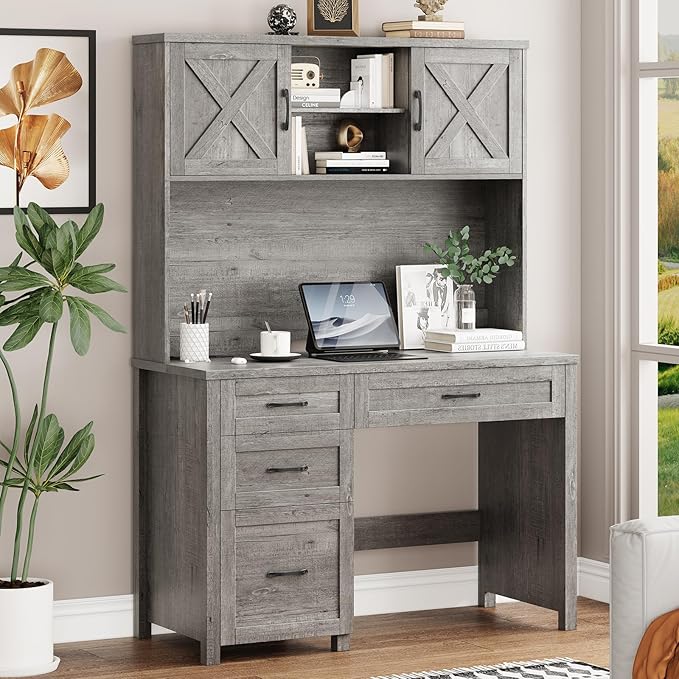 Farmhouse 67" H Executive Desk with Hutch,Office Desk with 4 Drawers and LED Light, Computer Table with Storage Cabinet & File Drawers and Charging Station, Wood Workstation for Home Office and Study