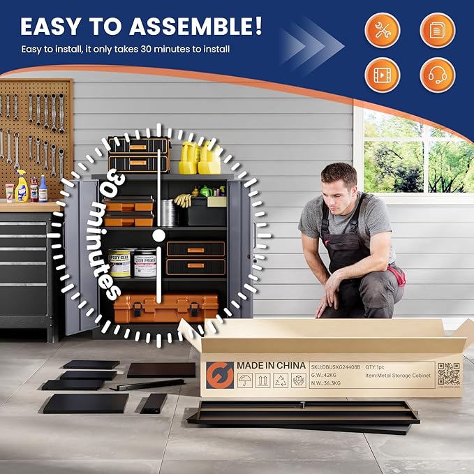 Yizosh Metal Garage Storage Cabinet with 2 Doors and 2 Adjustable Shelves - 35.5" Steel Lockable File Cabinet for Home Office,Garage,Gym,School（Gray Black）