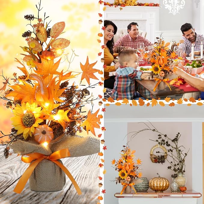 18 Inch Fall Table Tree, LED Lighted Fall Tree with Sunflowers Maple Leaf Pumpkin,Artificial Fall Tree for Autumn Harvest Thanksgiving Home Decor