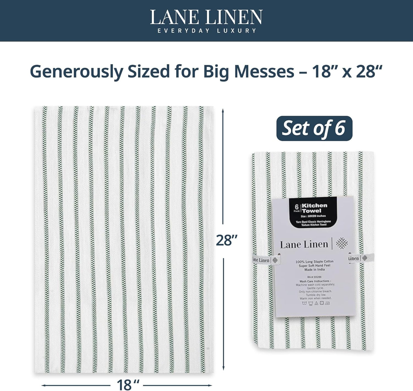 LANE LINEN Kitchen Towel Sets - 6 Pack Cotton Dish Towels for Drying Dishes, 18”x 28”, Hand Towel, Absorbent Tea Towels, Quick Drying Kitchen Towel Set - Christmas Green