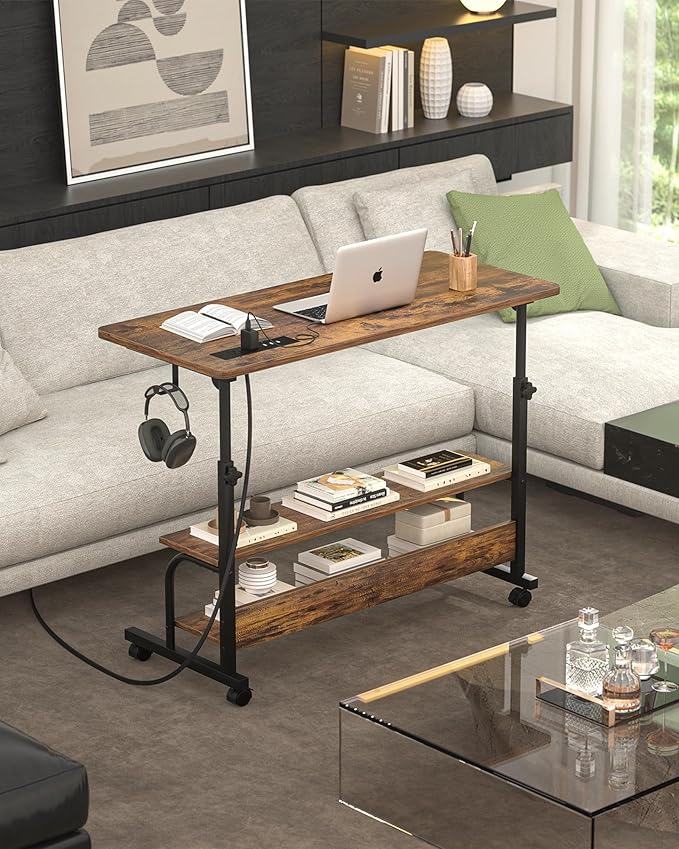 Height Adjustable Standing Desk with Power Outlets, 32" Manual Stand Up Desk with Storage Shelves Small Mobile Rolling Computer Desk Portable Laptop Table with Wheels for Home Office, Rustic