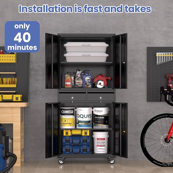 IDEALHOUSE Garage Storage Cabinet, 73 Inch Metal with Locking Doors and Adjustable Shelves, Heavy Duty Tool Cabinet with 2 Drawers
