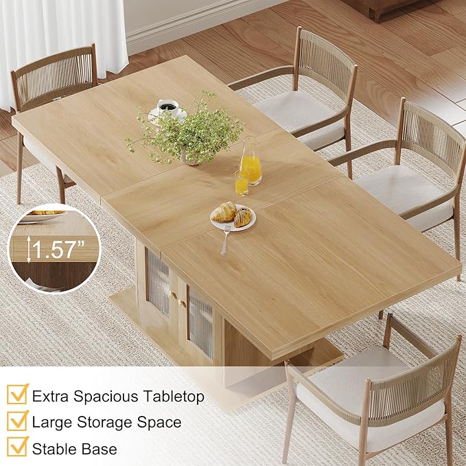 HSH Dining Table for 4–6, 63 Inch Wood Farmhouse Kitchen Table with 3-Tier Storage Shelf and Acrylic Door Cabinet, Rectangular Modern Dining Room Dinner Table for Apartment Home Small Space, Light Oak