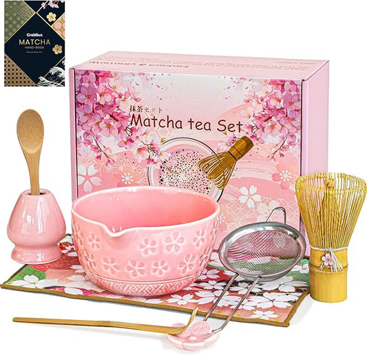 Matcha Whisk Set, Pink Matcha Set (9 Pcs) Includes Matcha Bowl, Whisk & Holder, Scoop, Sifter, Spoon, Scoop Rest, Tea Mat, Hand Book - Ideal Ceramic Matcha Kit for Matcha Lovers