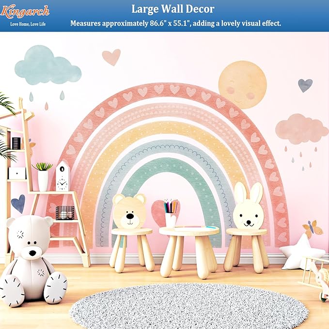 Large Watercolor Rainbow Wall Decals, Boho Sun Clouds Peel and Stick Fabric Nursery Wall Decor, Home Room Wall Decor Murals Stickers for Kids Girls Toddler Bedroom Living Room Playroom